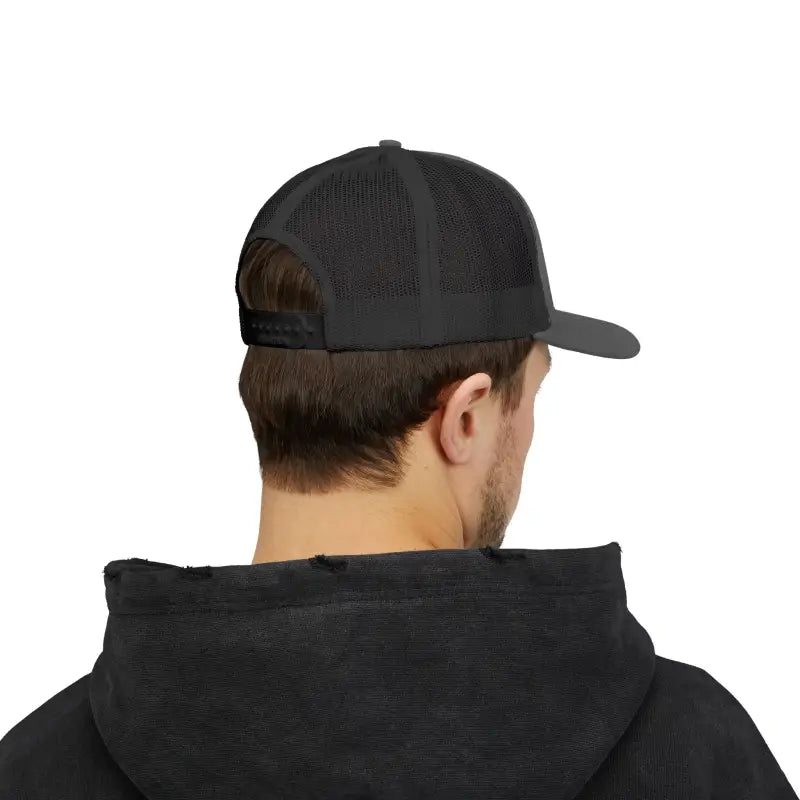 Black mesh trucker hat featured in the Block Island Porkchop Snapback Trucker Cap