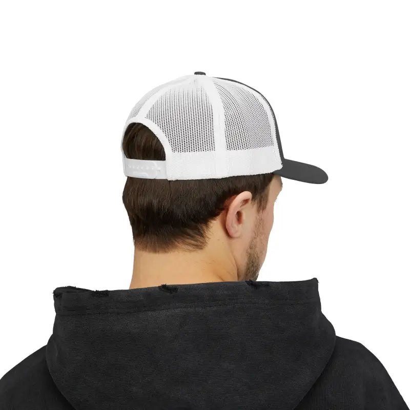 Black and white Block Island Porkchop Snapback Trucker Cap displayed on a neutral background