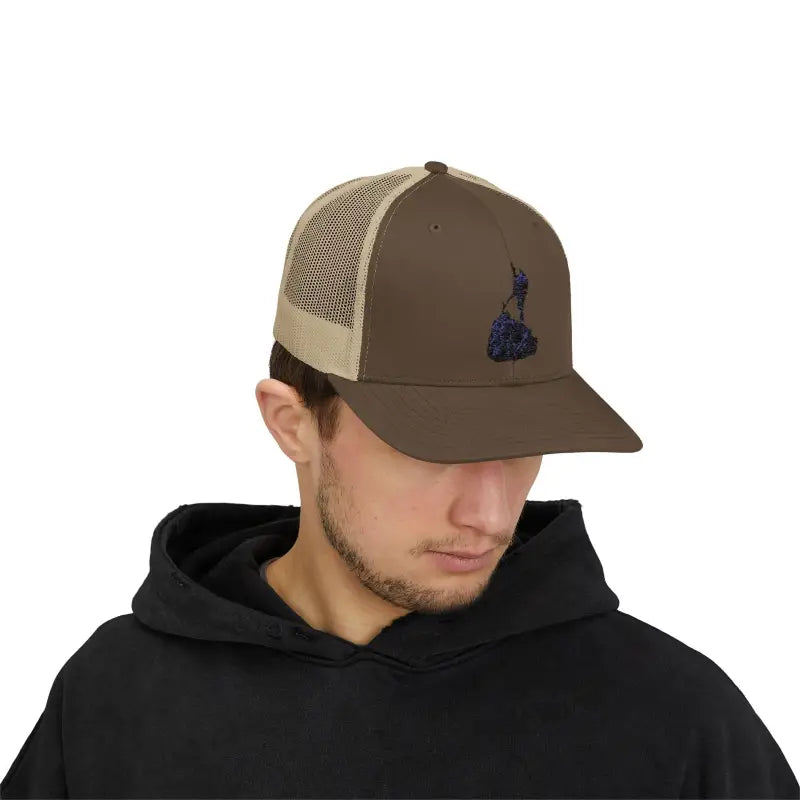 Brown Block Island Porkchop Snapback Trucker Cap with embroidered design