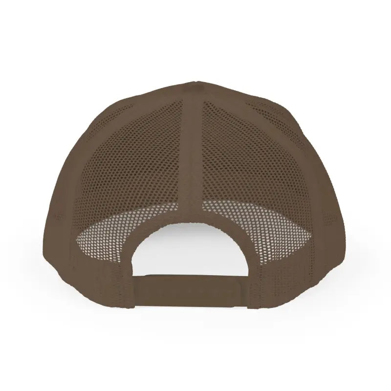 Brown mesh baseball cap featuring Block Island Porkchop Snapback Trucker design