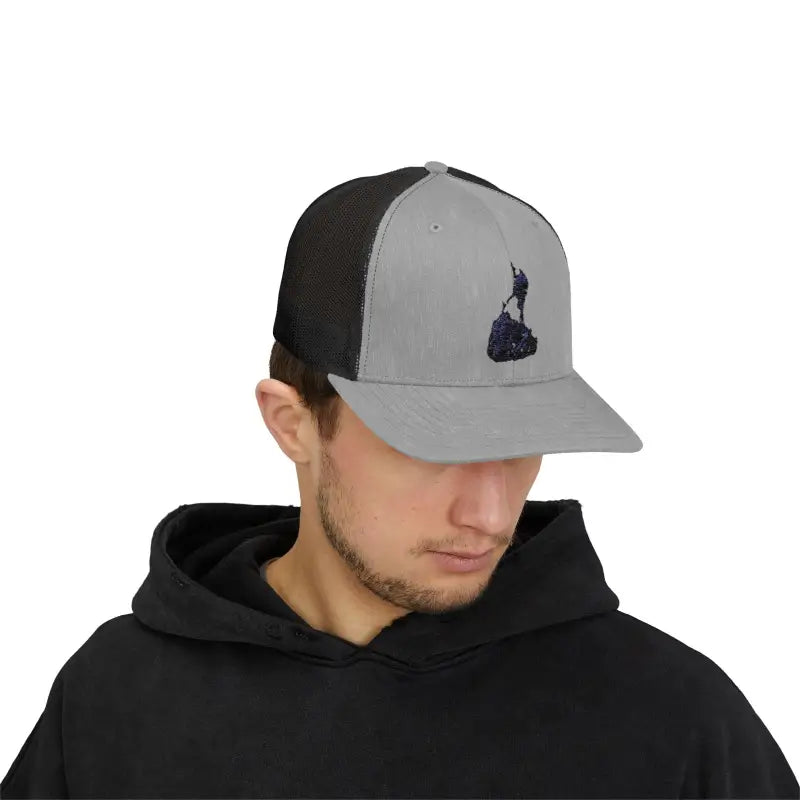 Gray and black Block Island Porkchop Snapback Trucker Cap displayed on a white background