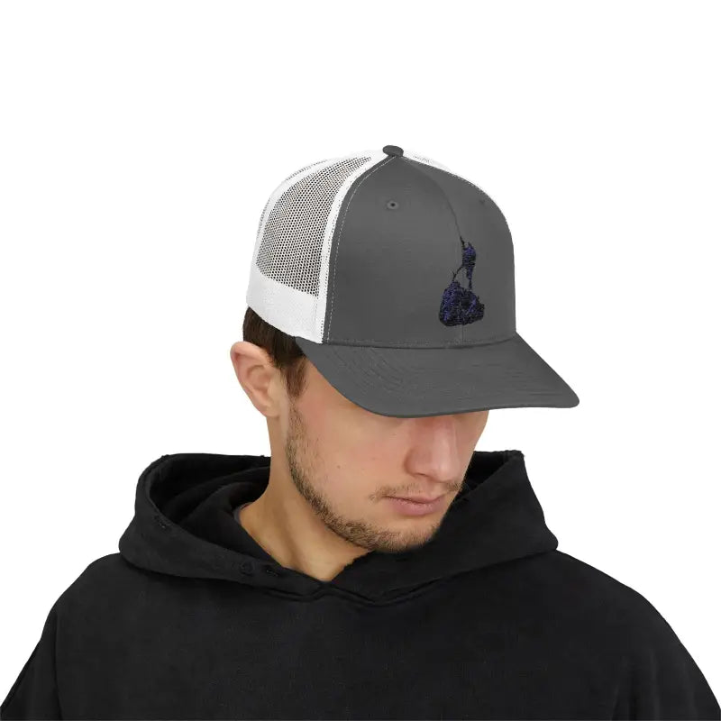 Gray Block Island Porkchop Snapback Trucker Cap with embroidered design