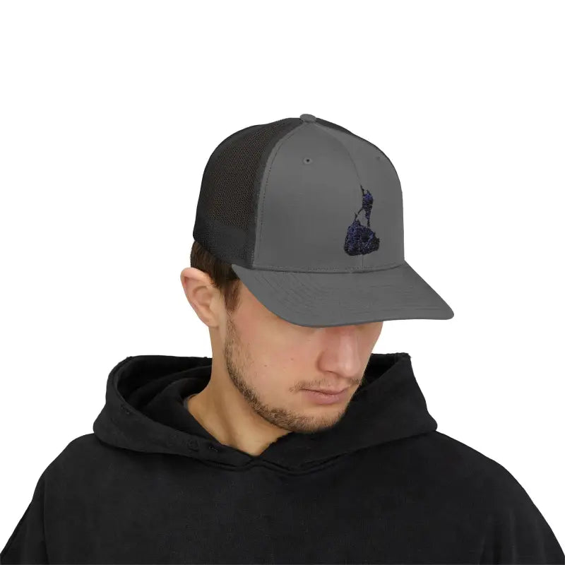 Gray Block Island Porkchop Snapback Trucker Cap featuring a climber graphic