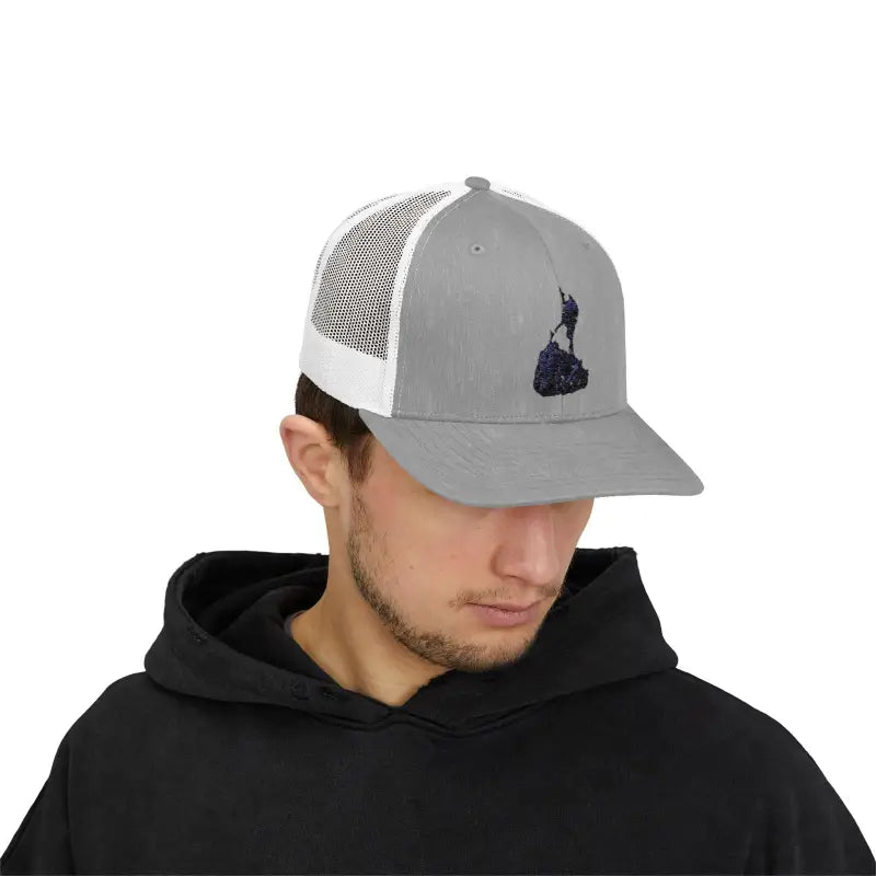 Gray Block Island Porkchop Snapback Trucker Cap featuring climber design