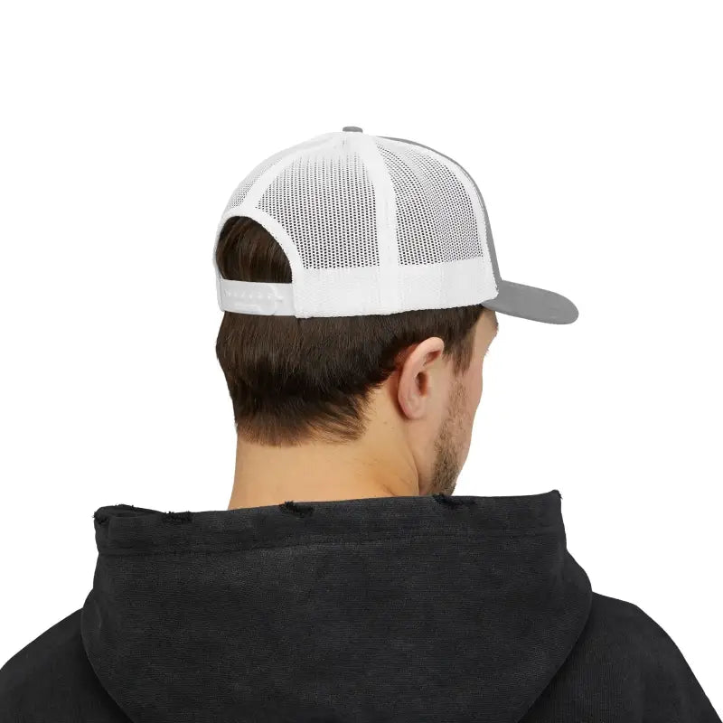 Gray and white Block Island Porkchop Snapback Trucker Cap displayed on a neutral background