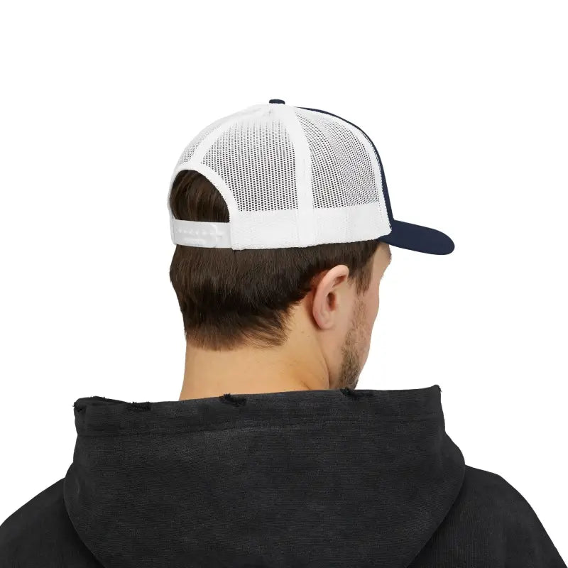 Navy and white Block Island Porkchop Snapback Trucker Cap for stylish outdoor wear