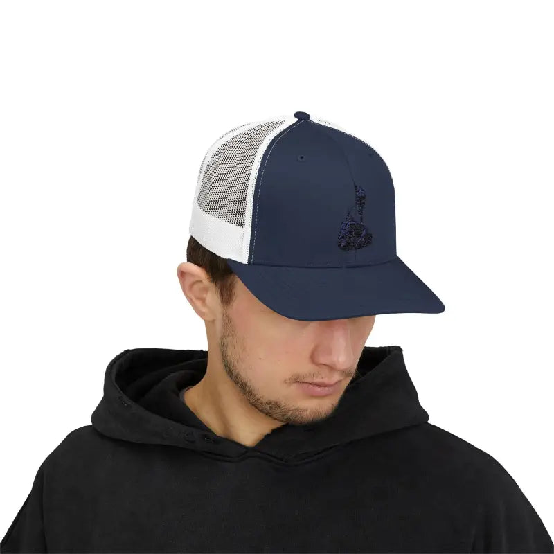 Navy and white Block Island Porkchop Snapback Trucker Cap displayed on a neutral background
