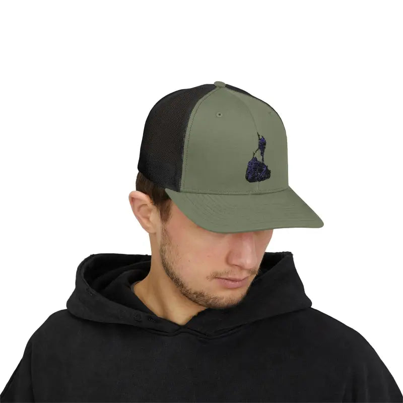 Olive green Block Island Porkchop Snapback Trucker Cap displayed on a neutral background