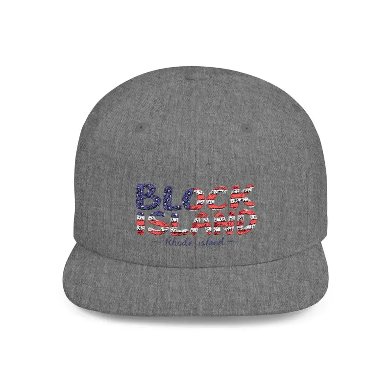 Gray Block Island Snapback Cap featuring stylish text design for casual wear