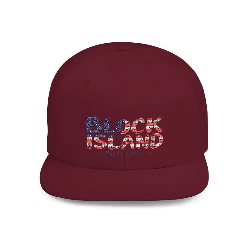 Maroon baseball cap with Block Island text in Block Island Snapback Cap Collection