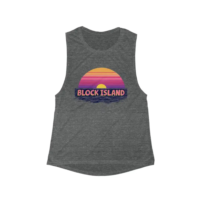 Gray tank top featuring sunset graphic from Block Island Sunset Womens Flowy Tank Top