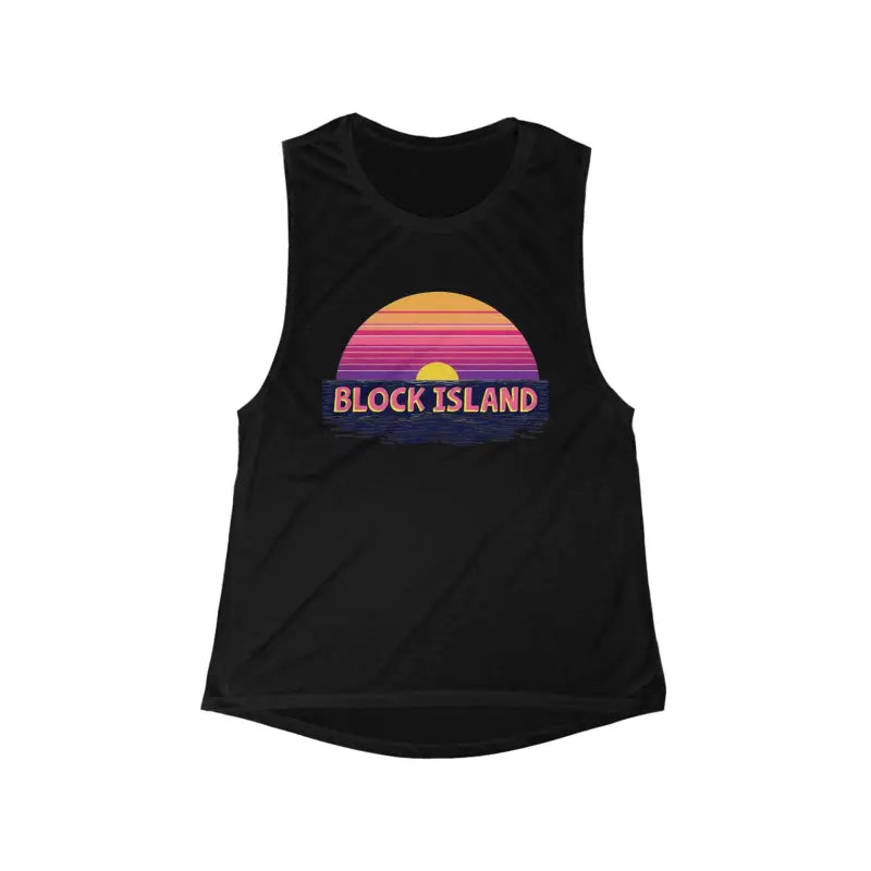 Black tank top featuring a sunset graphic from the Block Island Sunset collection