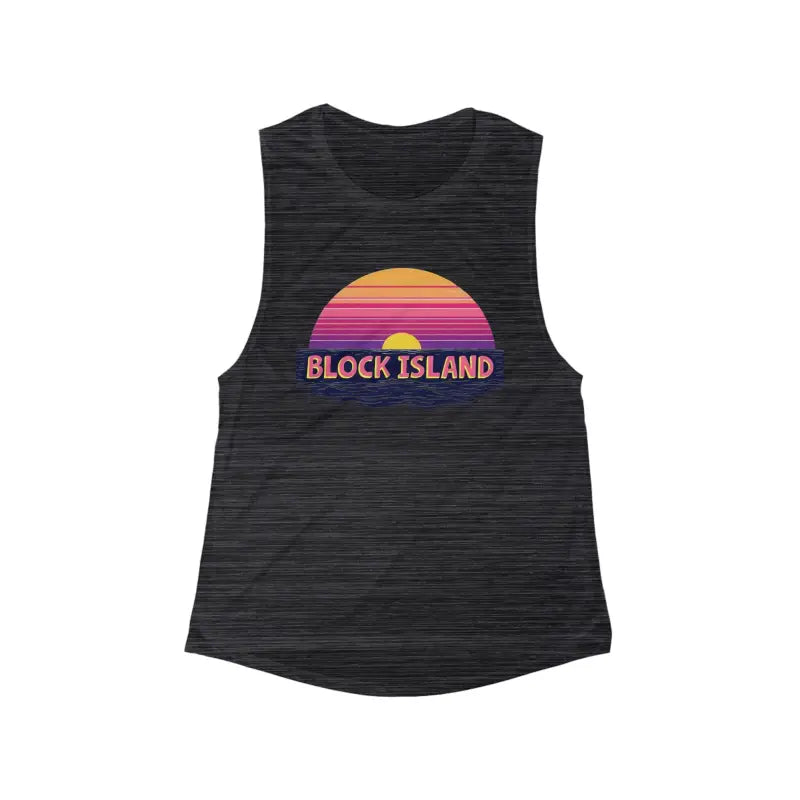 Gray tank top featuring sunset graphic from Block Island Sunset Women’s Flowy Tank Top