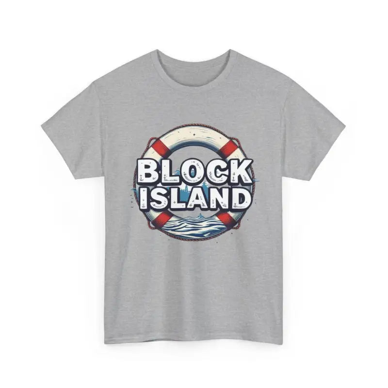 Gray Block Island design t-shirt for men and women, featuring unisex cotton fabric