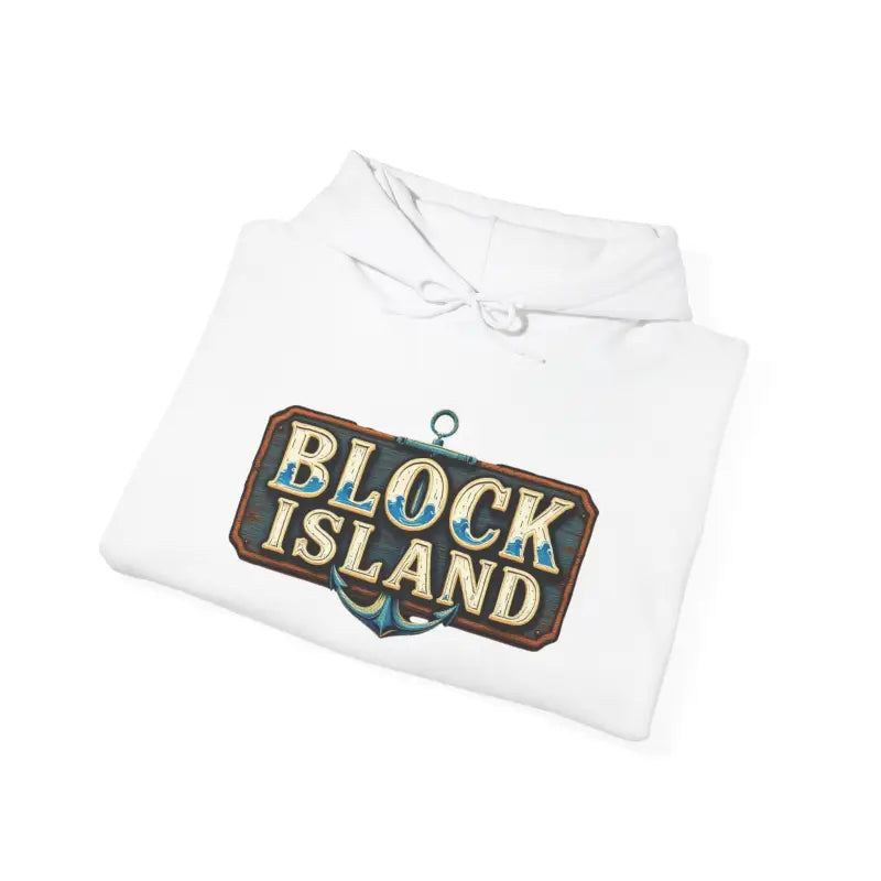 Folded white Block Island design hoodie from the Block Island Unisex Heavy Blend collection