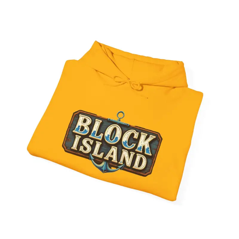 Folded yellow Block Island unisex heavy blend graphic hoodie showcasing vibrant design