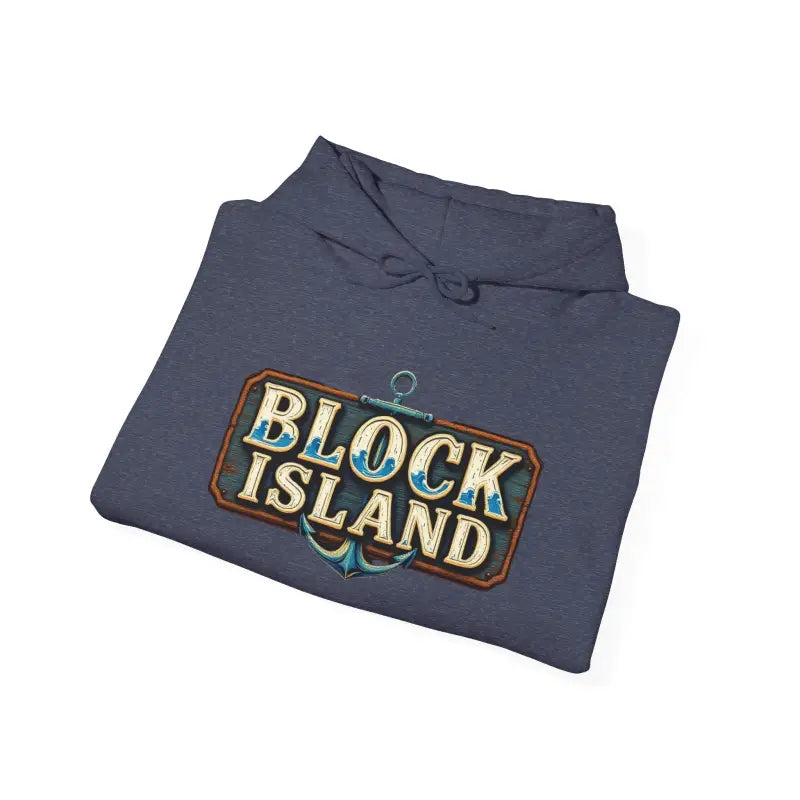 Folded blue hoodie from Block Island Unisex Heavy Blend Graphic Hoodie collection