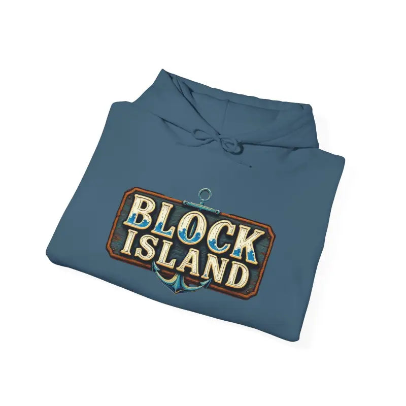 Folded blue hoodie featuring Block Island design from Block Island Unisex Heavy Blend Graphic Hoodie