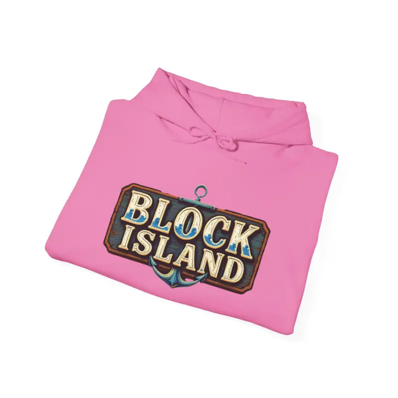 Folded pink Block Island Unisex Heavy Blend Graphic Hoodie showcasing vibrant design