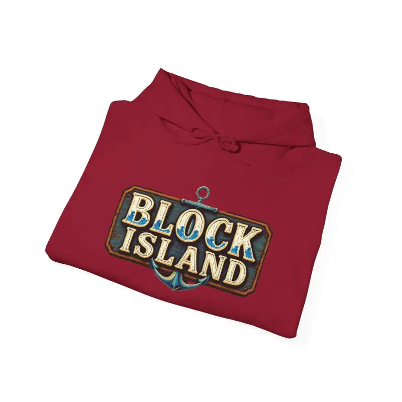 Folded red Block Island graphic hoodie displayed in unisex heavy blend design