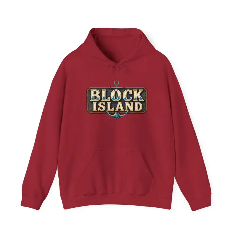 Red Block Island graphic hoodie for unisex, featuring a heavy blend design