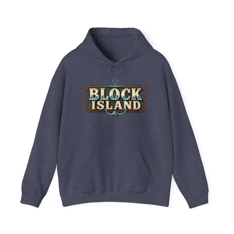 Blue hoodie featuring Block Island graphic in unisex heavy blend style