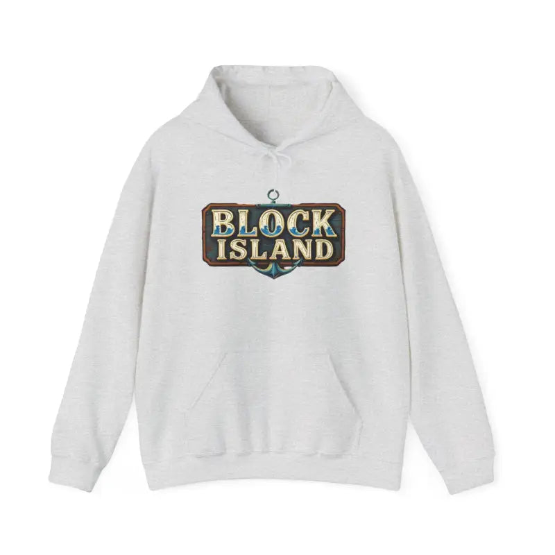 White Block Island graphic hoodie in unisex heavy blend design for casual wear
