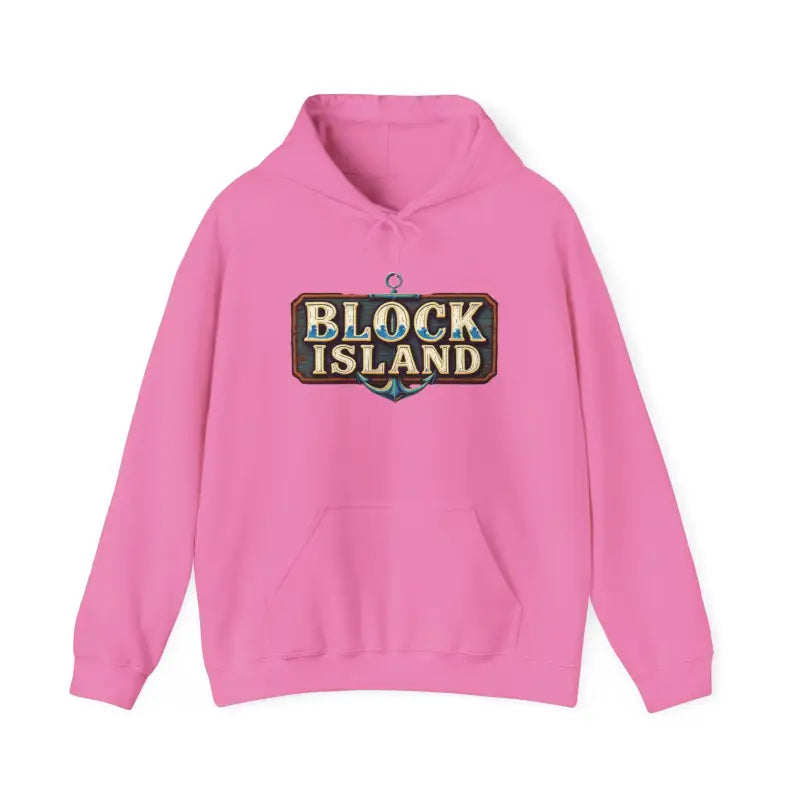 Pink hoodie featuring Block Island design, perfect for unisex casual wear