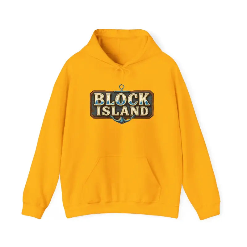 Yellow Block Island logo hoodie, ideal for unisex casual wear and comfort
