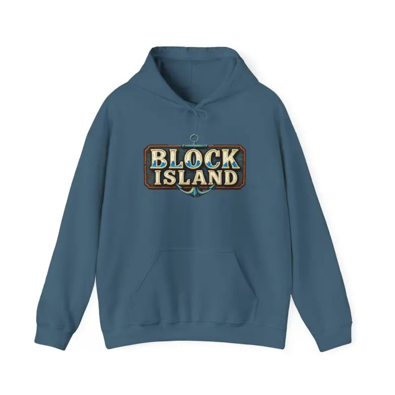 Blue hoodie featuring Block Island graphic in a unisex heavy blend design