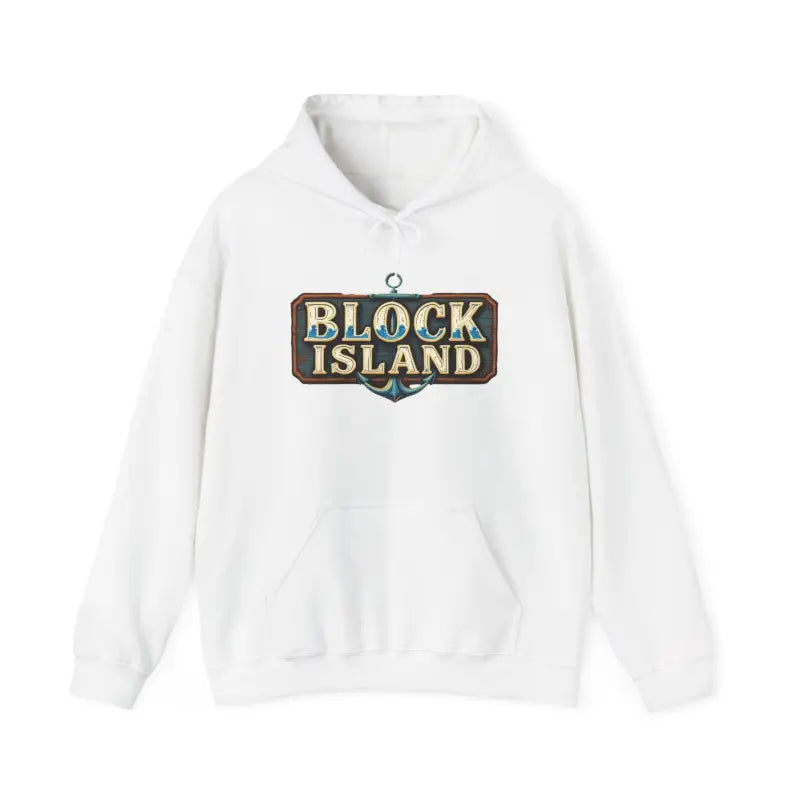 White hoodie featuring Block Island graphic, ideal for unisex casual wear