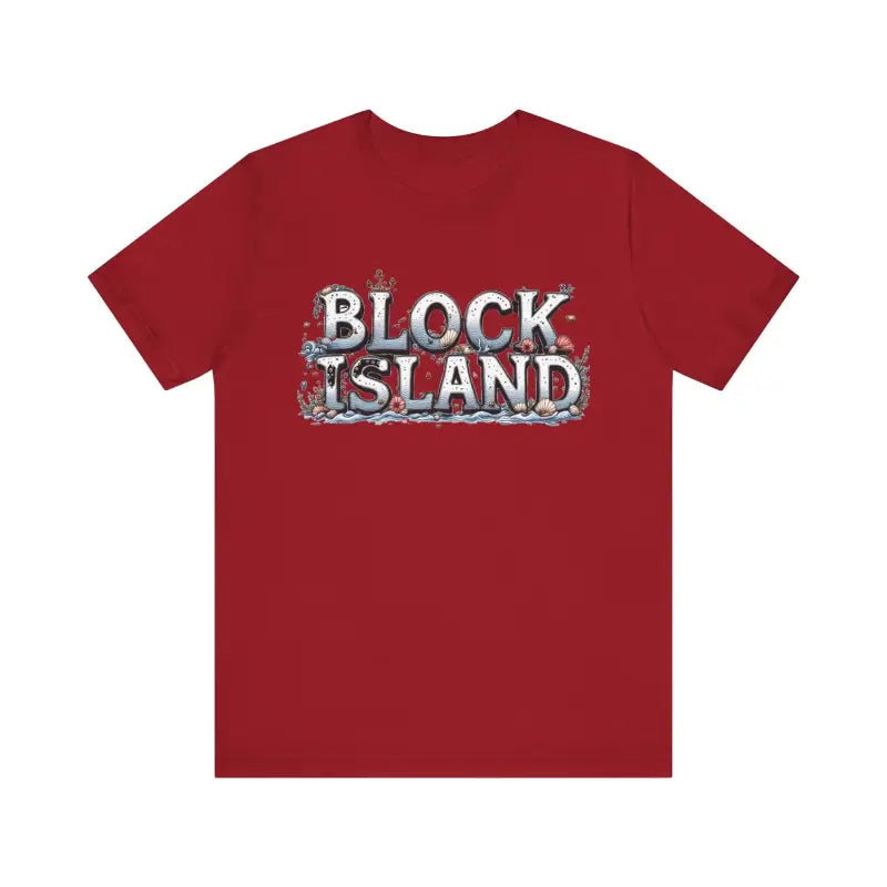 Red Block Island Unisex Jersey Tee featuring stylish text design for casual wear