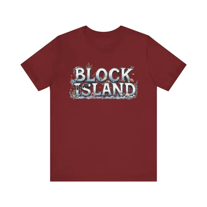 Maroon t-shirt featuring Block Island graphic in Block Island Unisex Jersey Tee style