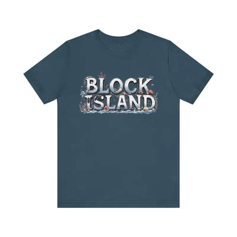 Blue t-shirt featuring Block Island graphic in a stylish unisex design