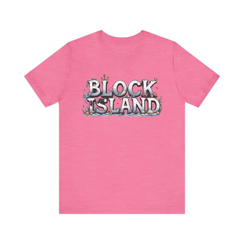 Pink Block Island Unisex Jersey Tee featuring stylish text design