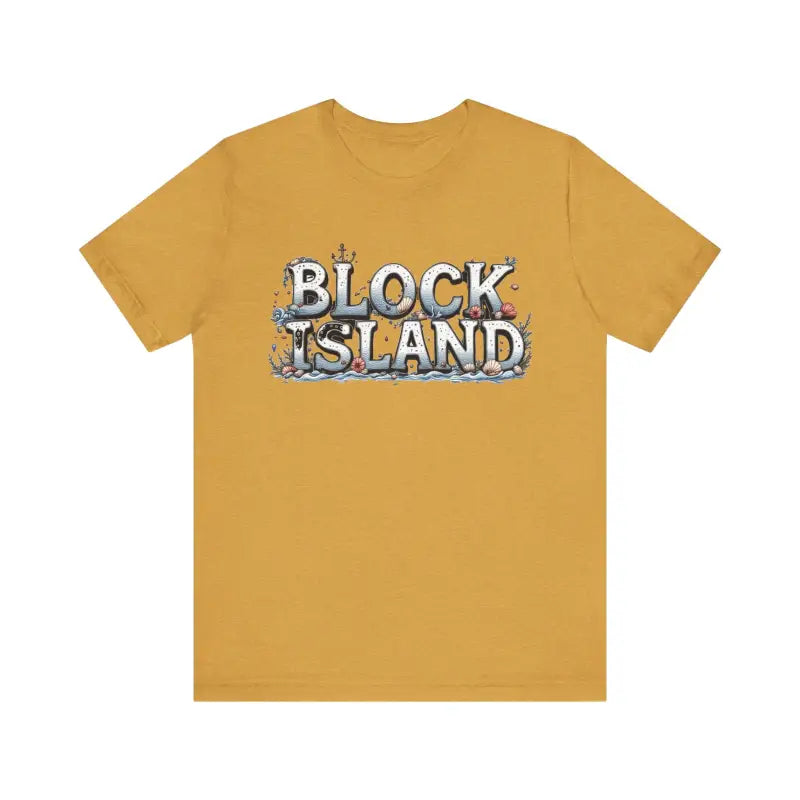 Mustard-colored Block Island Unisex Jersey Tee featuring a graphic design