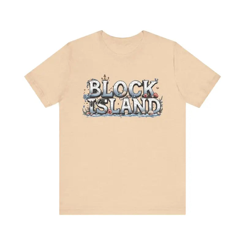 Beige Block Island Unisex Jersey Tee featuring a stylish graphic design