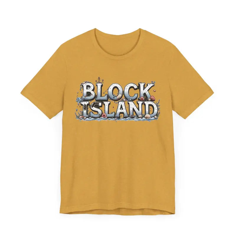 Mustard-colored Block Island Unisex Jersey Tee featuring a graphic design