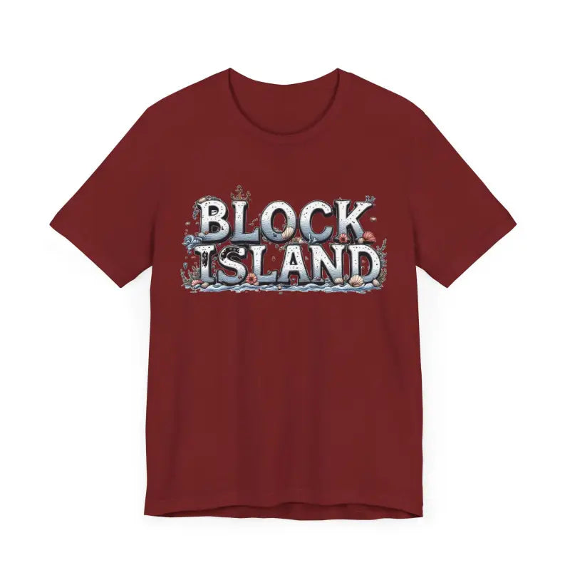 Maroon Block Island Unisex Jersey Tee featuring stylish text design