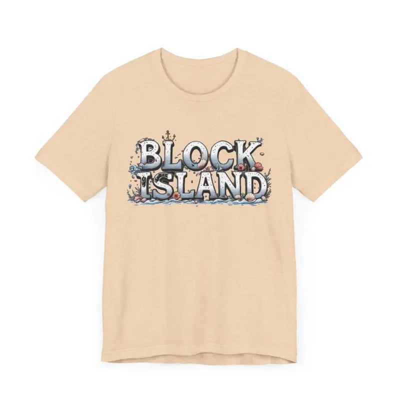 Beige Block Island Unisex Jersey Tee featuring a graphic design on the front