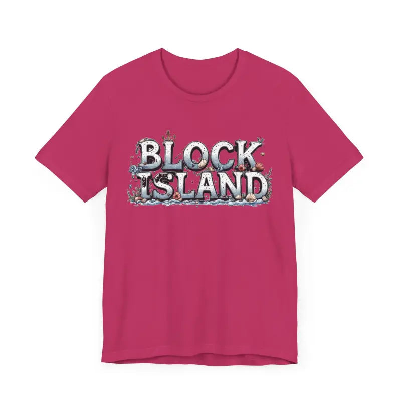 Pink Block Island Unisex Jersey Tee featuring stylish text design for casual wear