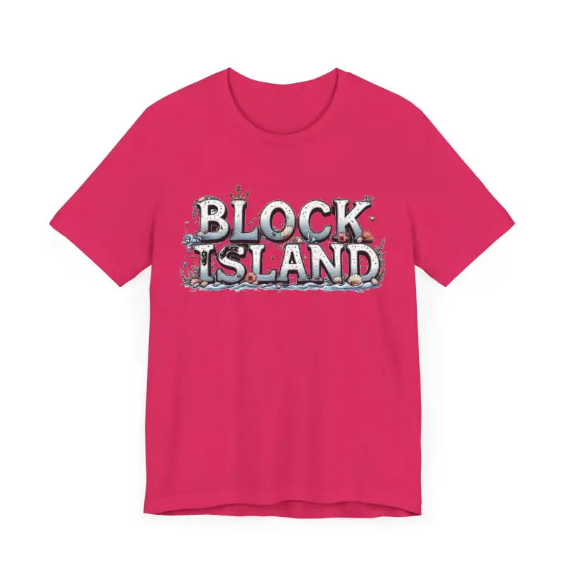Pink Block Island Unisex Jersey Tee featuring stylish Block Island text design