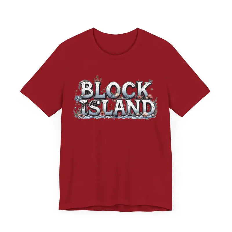Red Block Island Unisex Jersey Tee featuring a vibrant graphic design