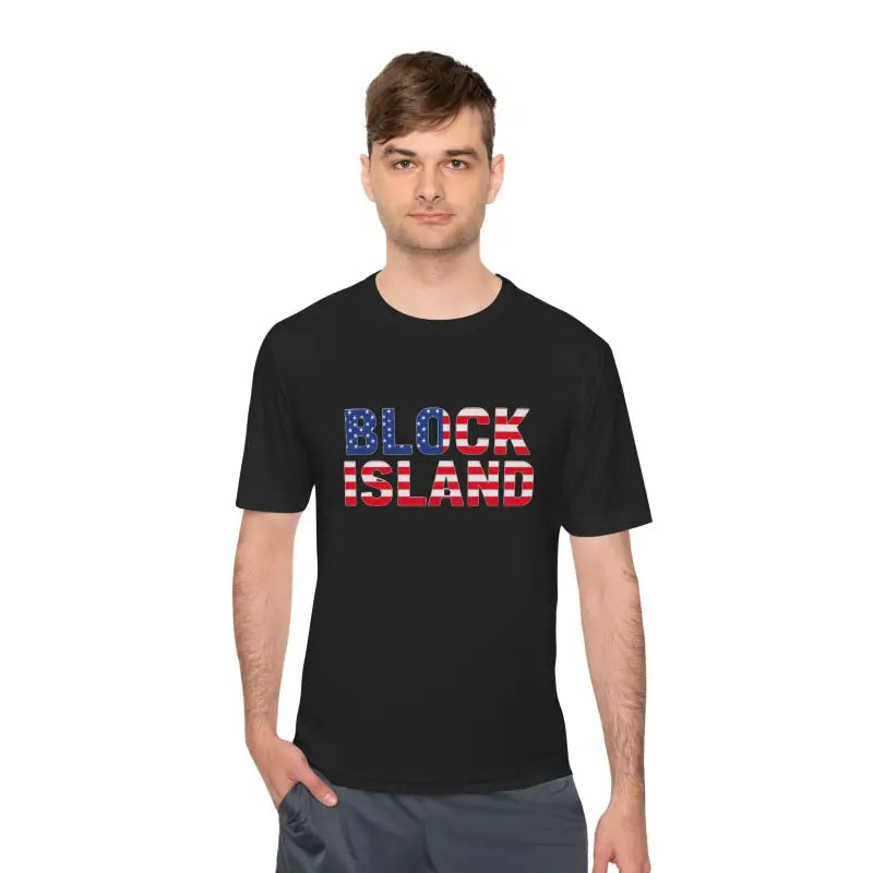 Black moisture-wicking t-shirt featuring Block Island text and USA flag design