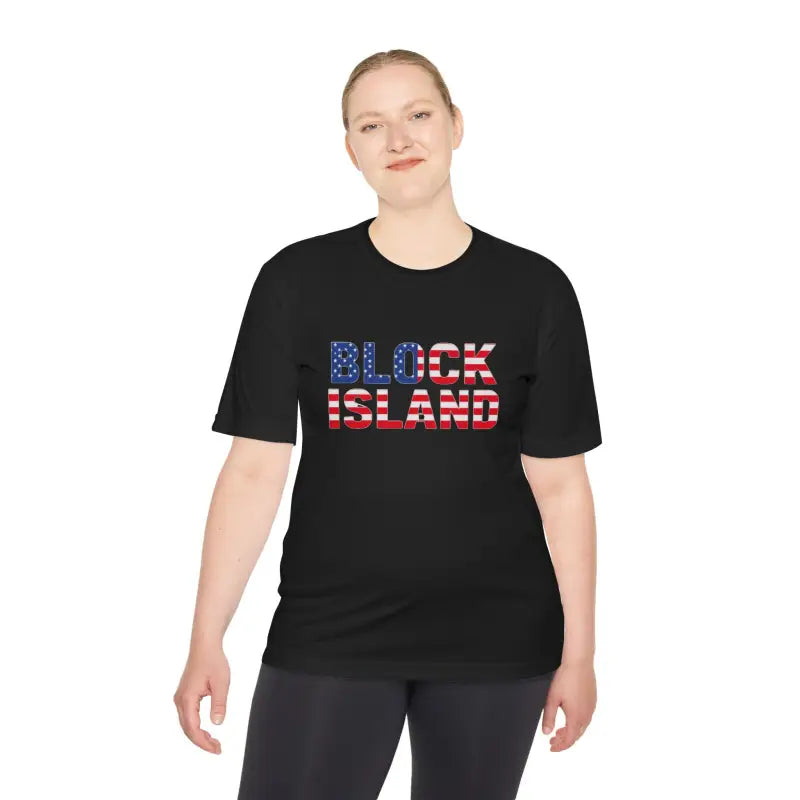 Black Block Island USA Flag Unisex Moisture Wicking T Shirt with American flag lettering