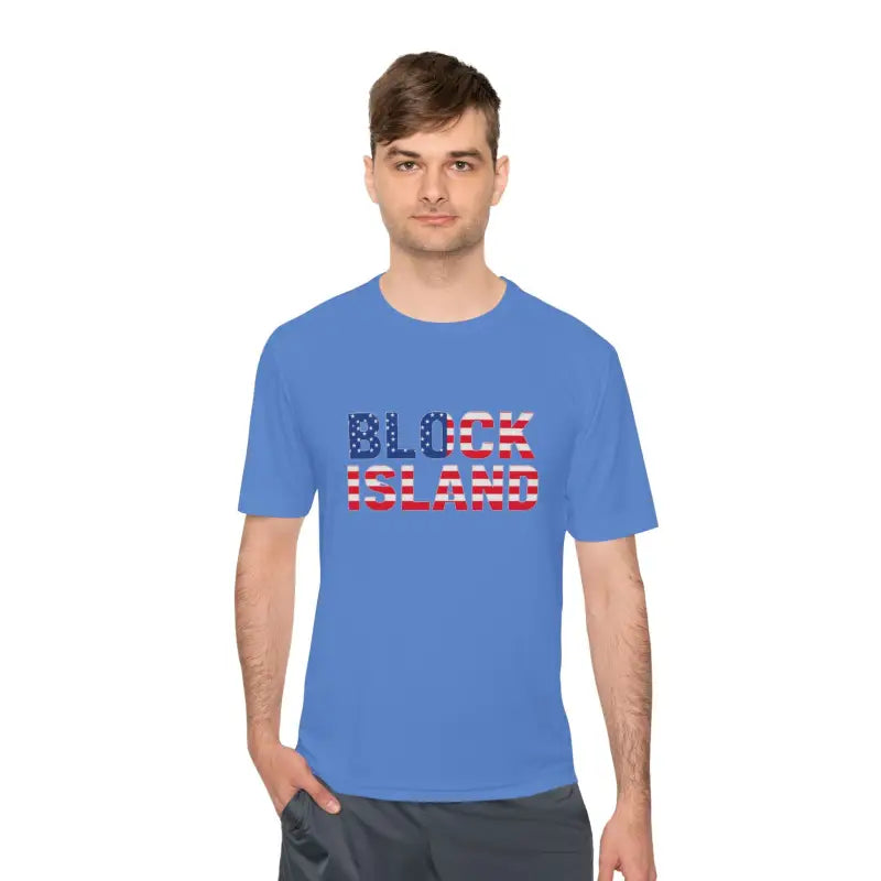 Blue Block Island USA Flag Unisex Moisture Wicking T-Shirt with text design