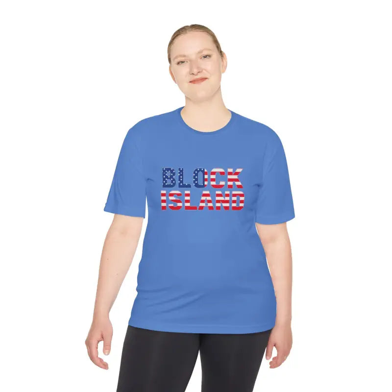Blue moisture-wicking t-shirt featuring Block Island text and USA flag design