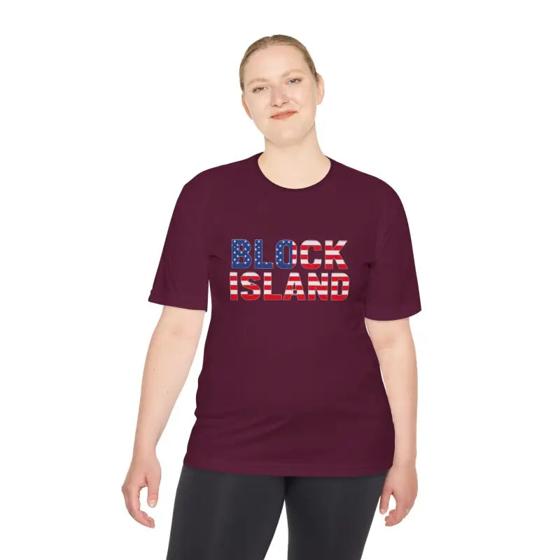 Burgundy Block Island USA Flag Unisex Moisture Wicking T Shirt displayed on a model