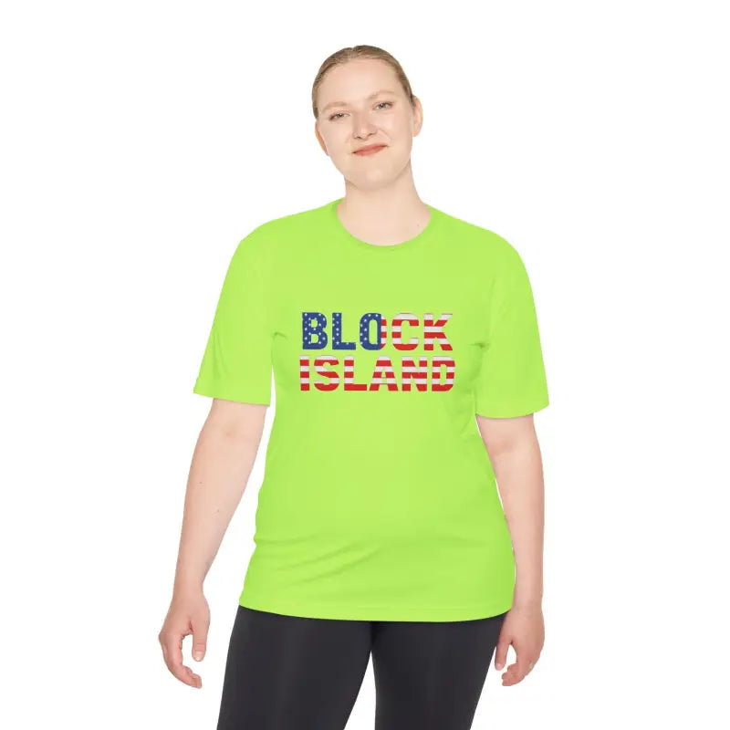 Lime green Block Island USA Flag unisex moisture-wicking t-shirt for active wear