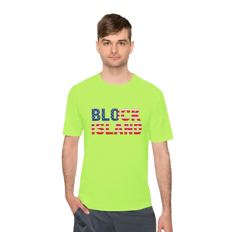 Lime green Block Island USA Flag unisex moisture wicking T-shirt for active lifestyles
